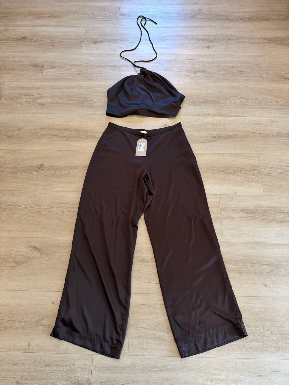 Meshki Brown Satin Wide-Leg Pants with Matching Halter Crop Top
